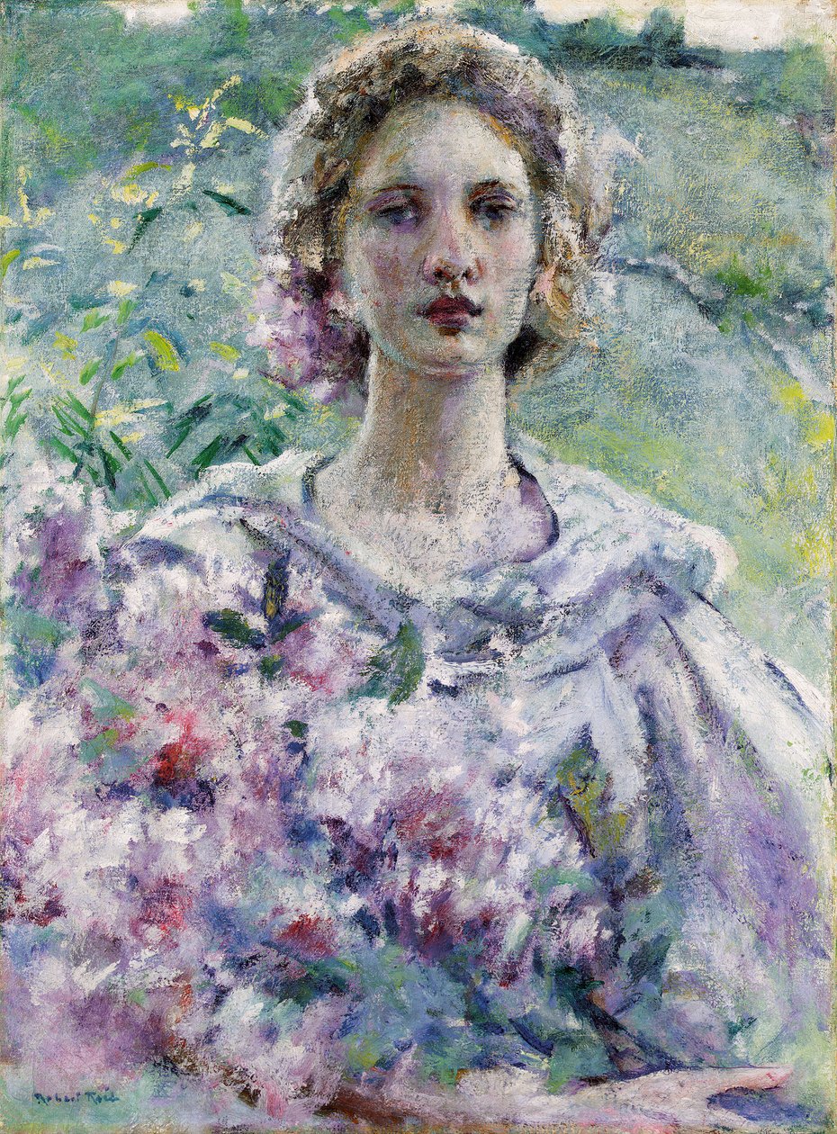 花を持つ女性。ロバート・リード（1862-1929）の絵画。キャンバスに