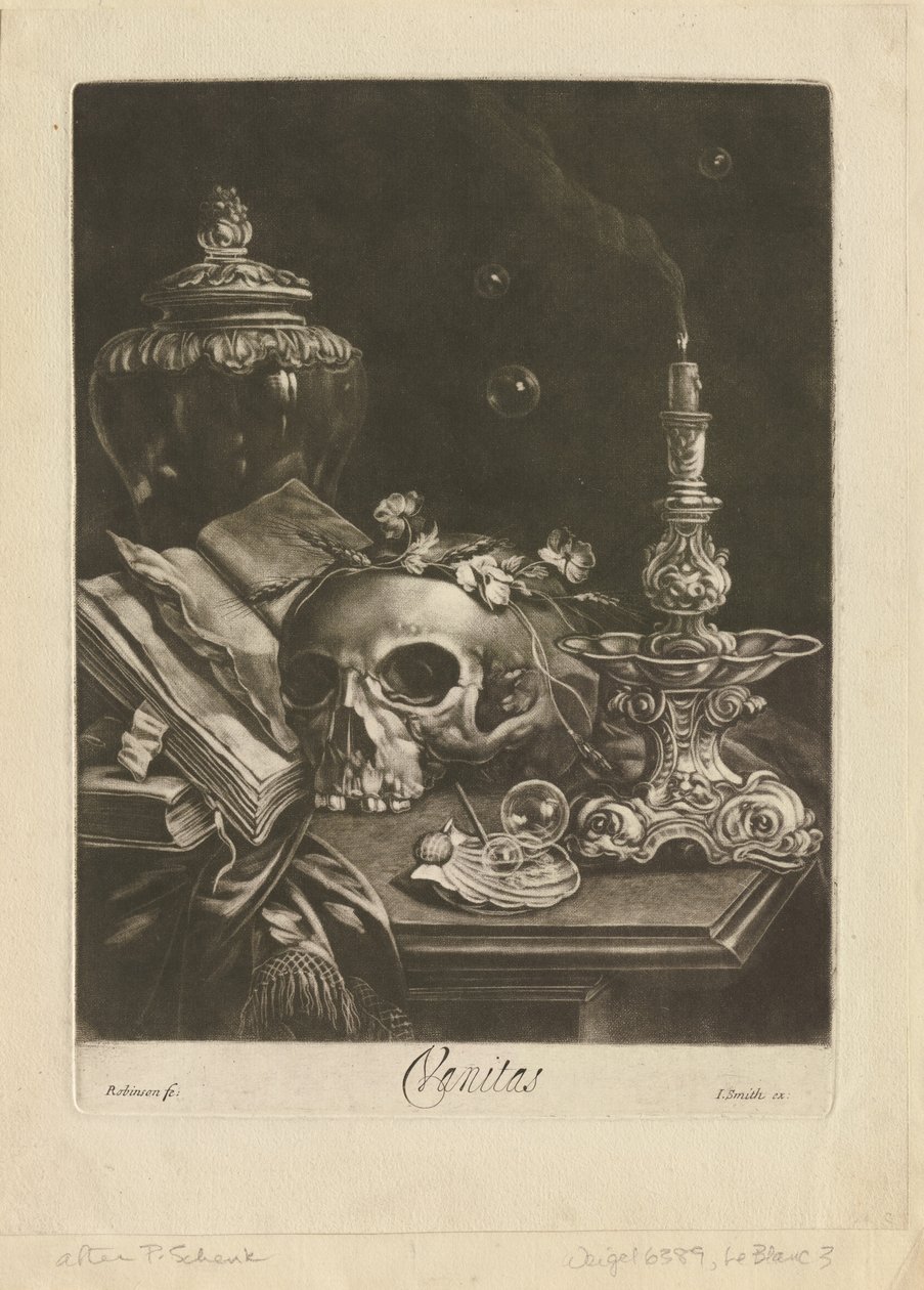 ヴァニタス静物、c.1685-88（メゾチントとブリンの仕事） 作： ロバート・ロビンソン