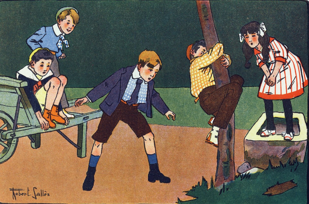 猫の止まり木です。E.ウェーバーの「What are we playing?「ロベール・サレス（1871-1929）の水彩画によるE.ウェーバーの作品。パリ、ガルニエ・フレール社 作： ロバート・サレス