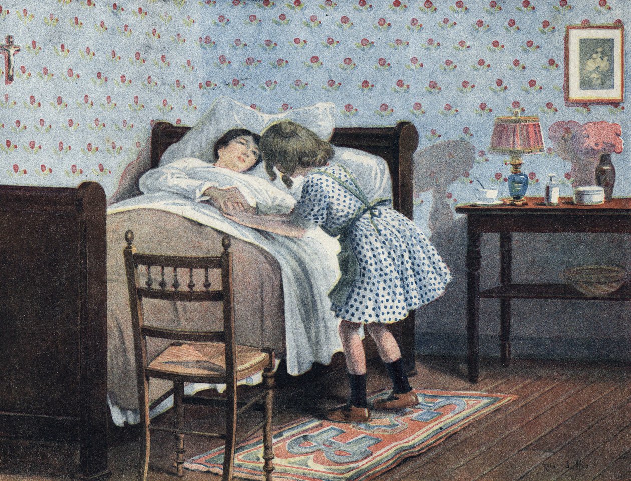 病気の母親の枕元で、戦争を待つ少女の姿。ロベール・サレス（1871-1929）による「Je sais Lire」の挿絵。 作： ロバート・サレス
