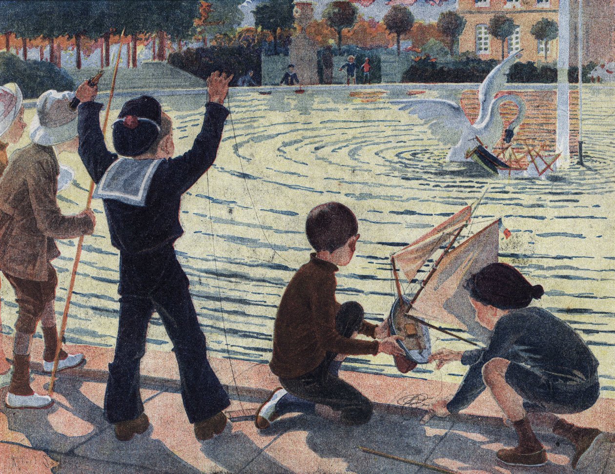 公園のプールで仲間と遊んでいた子供のボートを白鳥が襲う。ロベール・サレス（1871-1929）による「Je sais Lire」の挿絵。 作： ロバート・サレス