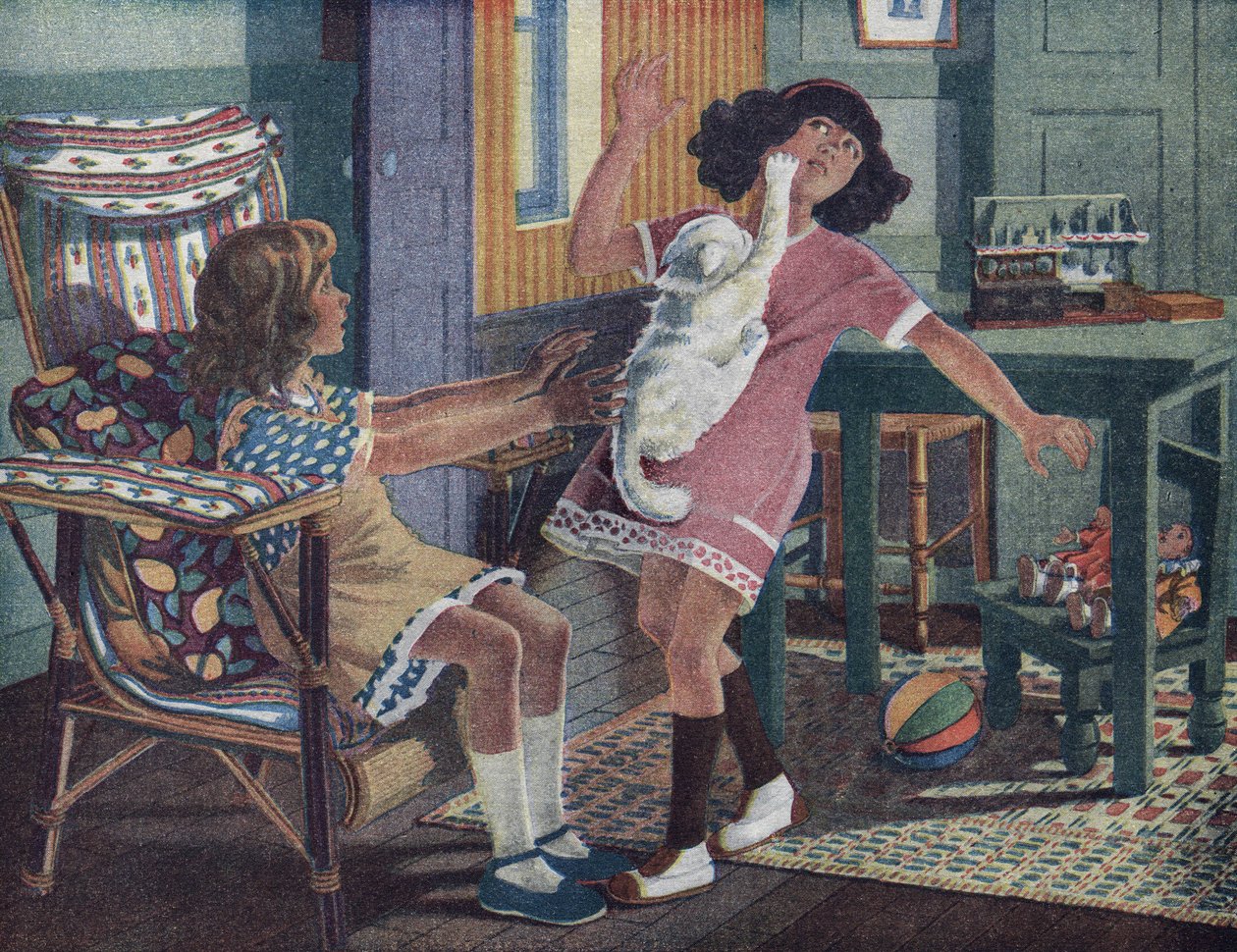 アネットの小さな猫：友達と遊んでいる少女の顔を白い猫が引っ掻く。ロベール・サレス（1871-1929）による「Je sais Lire」のイラスト。 作： ロバート・サレス