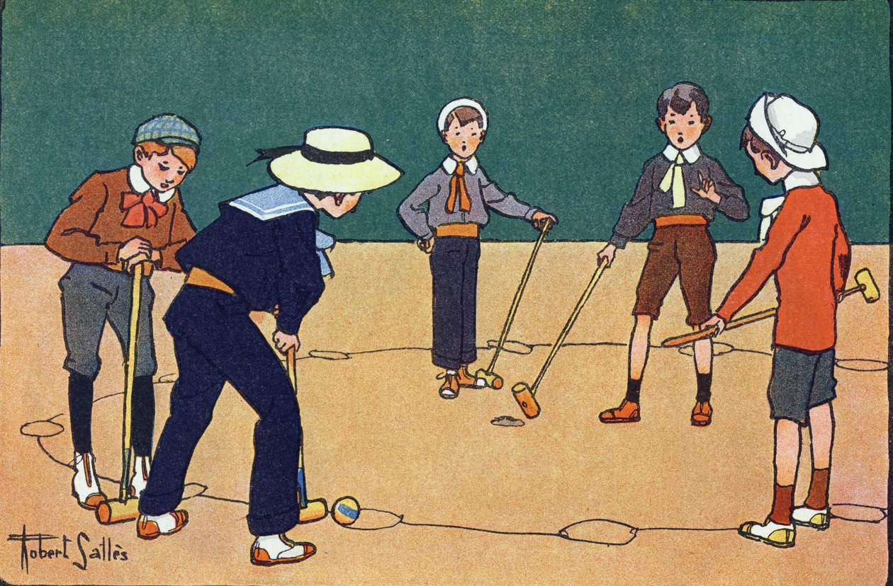 Ball by hours（ボールとマレットを使ったスキルゲーム）。E.ウェーバーの「What are we playing?「ロベール・サレス（1871-1929）の水彩画によるE.ウェーバーの作品。パリ、ガルニエ・フレール社 作： ロバート・サレス
