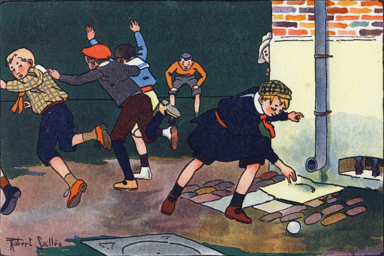 壁に弾を当てる。E.ウェーバーの「What are we playing?「ロベール・サレス（1871-1929）の水彩画によるE.ウェーバーの作品。パリ、ガルニエ・フレール図書館 作： ロバート・サレス