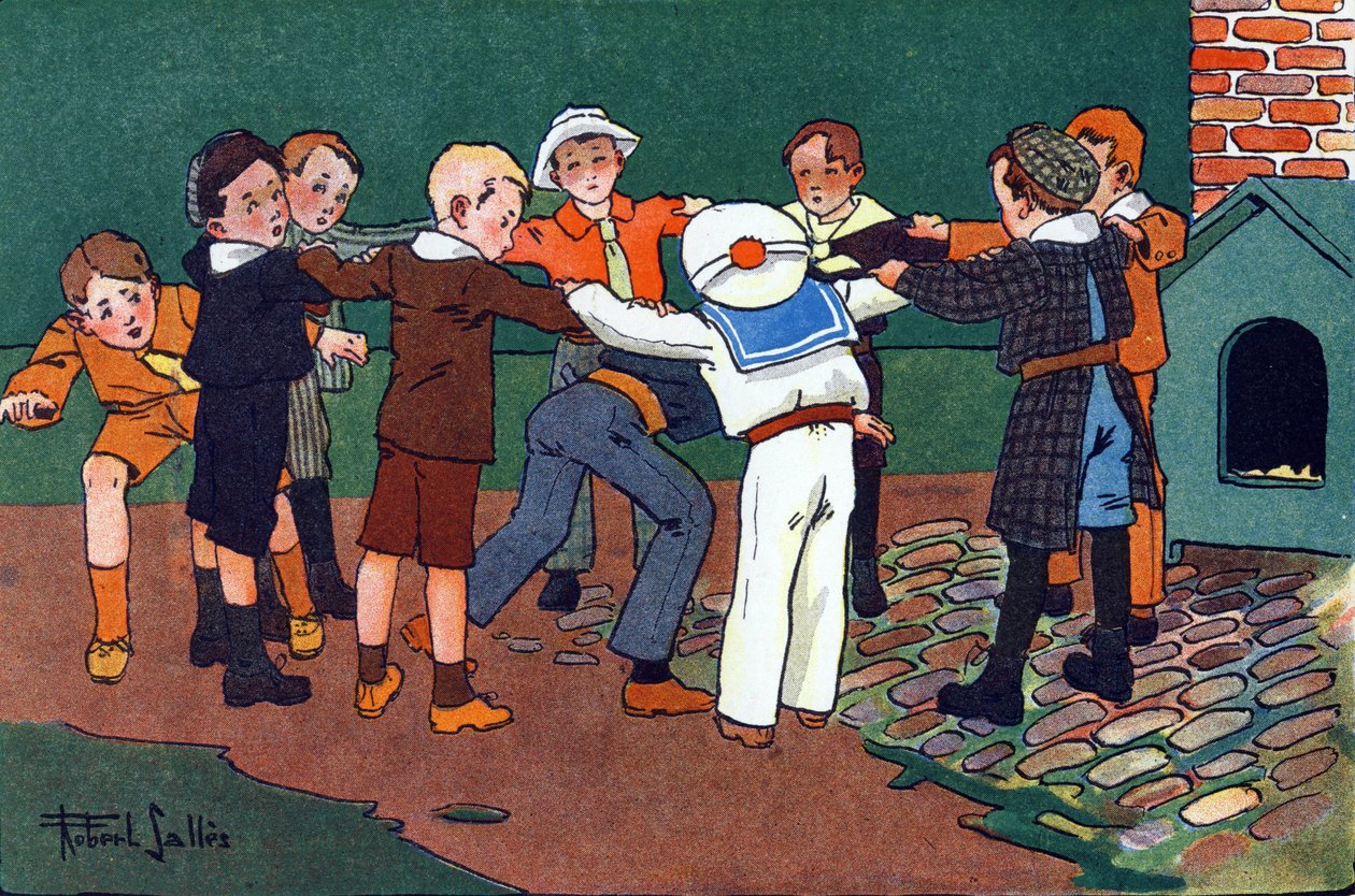 ネコとネズミ。"What are we playing? "のエングレーヴィング。"ロベール・サレス（1871-1929）の水彩画によるE.ウェーバーの作品。パリ、ガルニエ・フレール出版社 作： ロバート・サレス