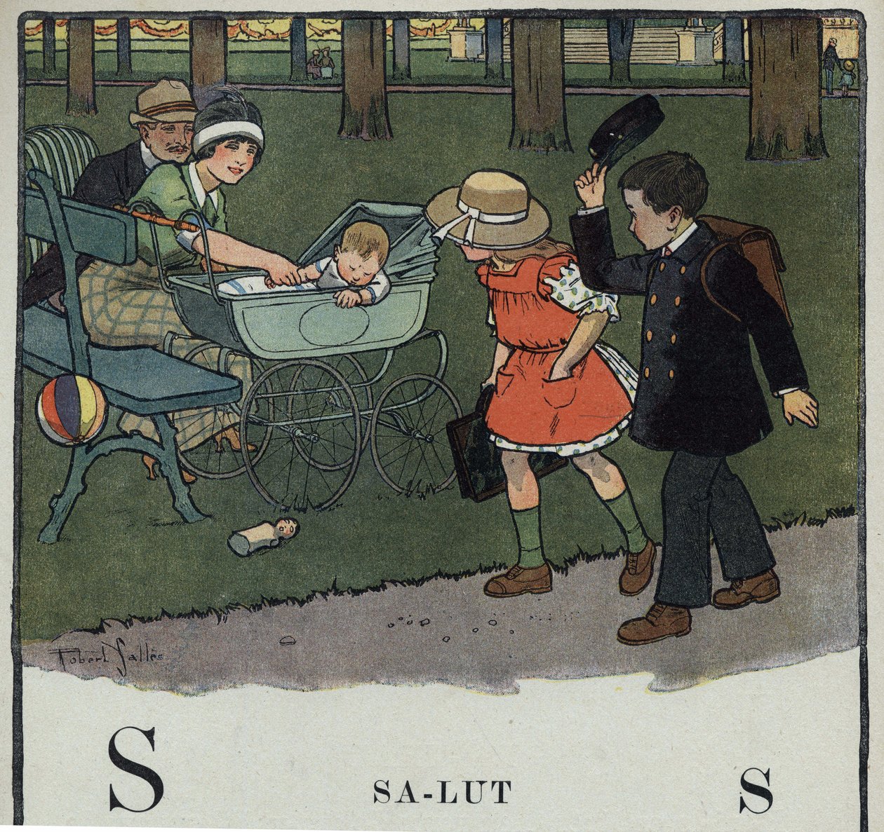 子どもの本「I will read - パパによる方法的で楽しいアルファベット」1926年。挿絵はRobert Salles（1871-1929）。アベセダリー：SalutとしてのSの文字。男の子が帽子を上げて夫婦と赤ちゃんに挨拶しています。 作： ロバート・サレス