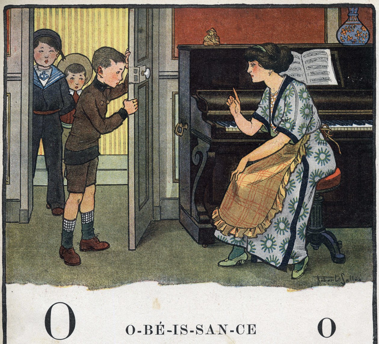 子どもの本「I will read - パパによる方法的で楽しいアルファベット」1926年。挿絵はRobert Salles（1871-1929）。Abecedary：Oの文字はObedience（服従）。母親が息子たちを叱る。 作： ロバート・サレス