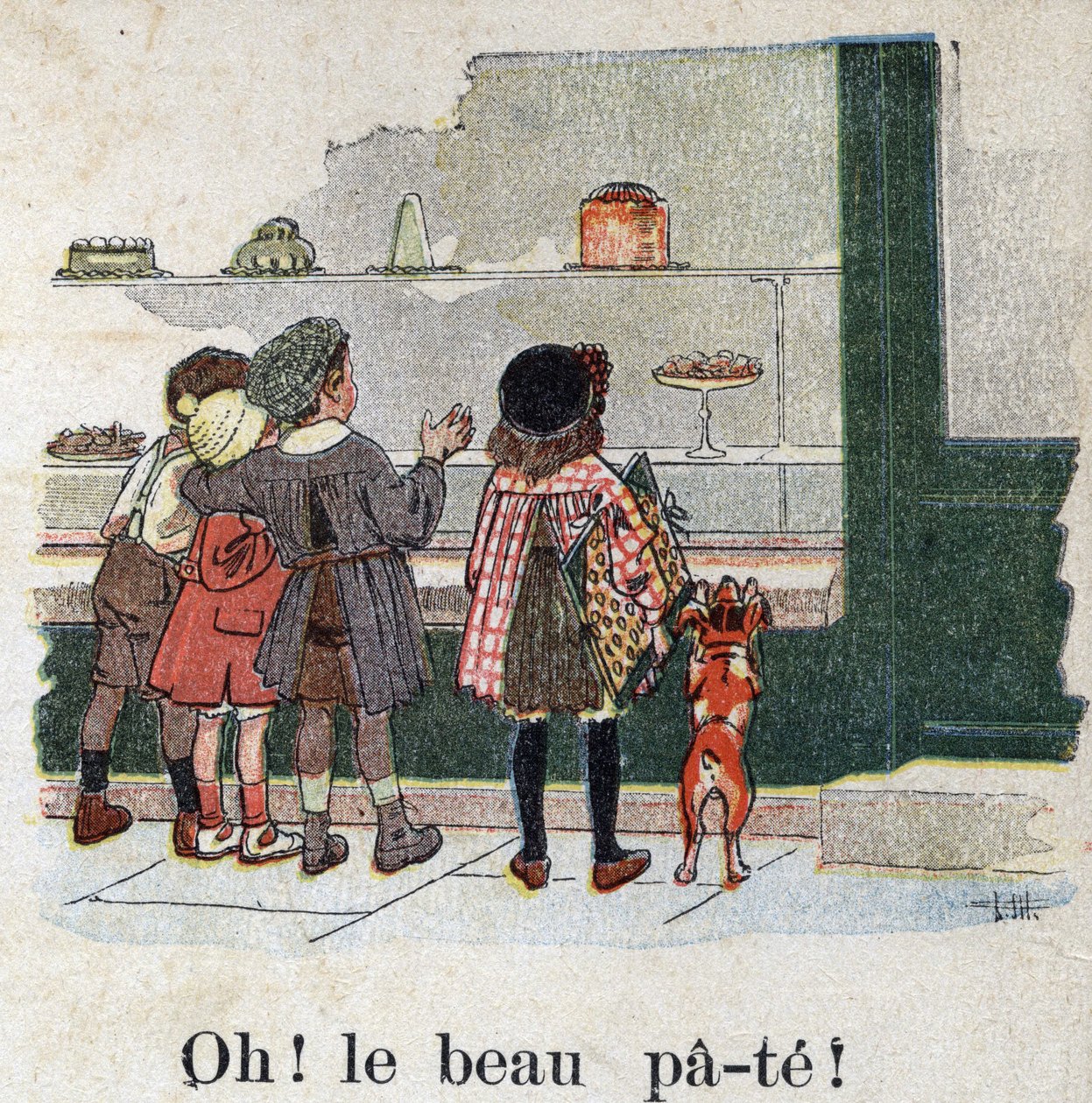 子どもの本「I will read - パパによる方法的で楽しいアルファベット」1926年。ロベール・サレス（1871-1929）のイラスト。"ああ！素敵な生地だ！".グルメな子どもたちがパン屋の窓の前で立ち止まる。 作： ロバート・サレス