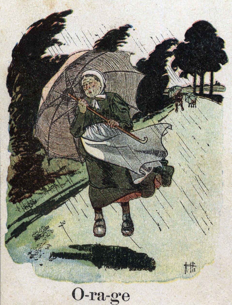 子どもの本「I will read - パパによる方法的で楽しいアルファベット」1926年。ロベール・サレス（1871-1929）のイラスト。"Storm": 雨の中の女性が傘で避難している。 作： ロバート・サレス