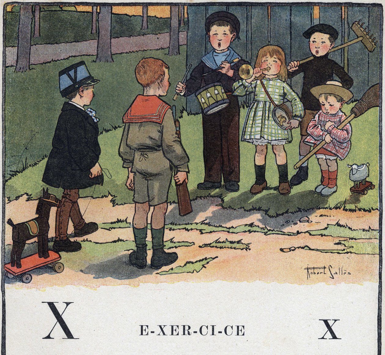 子どもの本「I will read - パパによる方法的で楽しいアルファベット」1926年。挿絵はRobert Salles（1871-1929）。アベセダリー：エクササイズとしてのXの文字。子どもたちは軍隊ごっこをしています。 作： ロバート・サレス