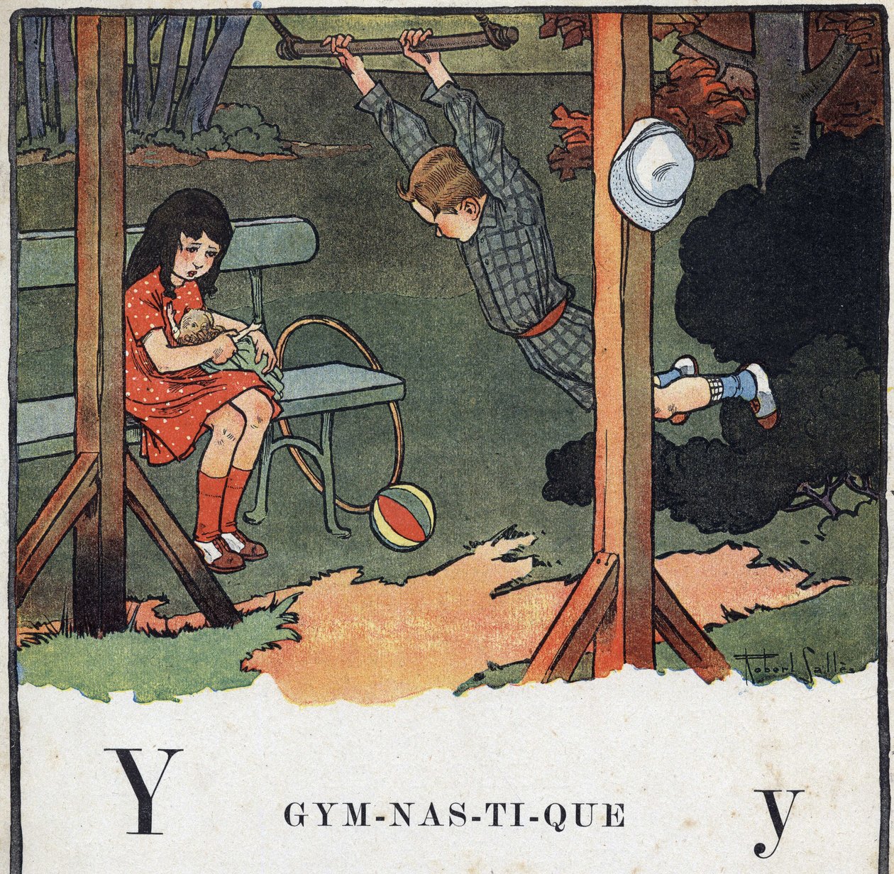 子どもの本「I will read - パパによる方法的で楽しいアルファベット」1926年。挿絵はRobert Salles（1871-1929）。アベセダリー：体操としてのYの文字。男の子が空中ブランコをしている間に、女の子が人形遊びをしている。 作： ロバート・サレス