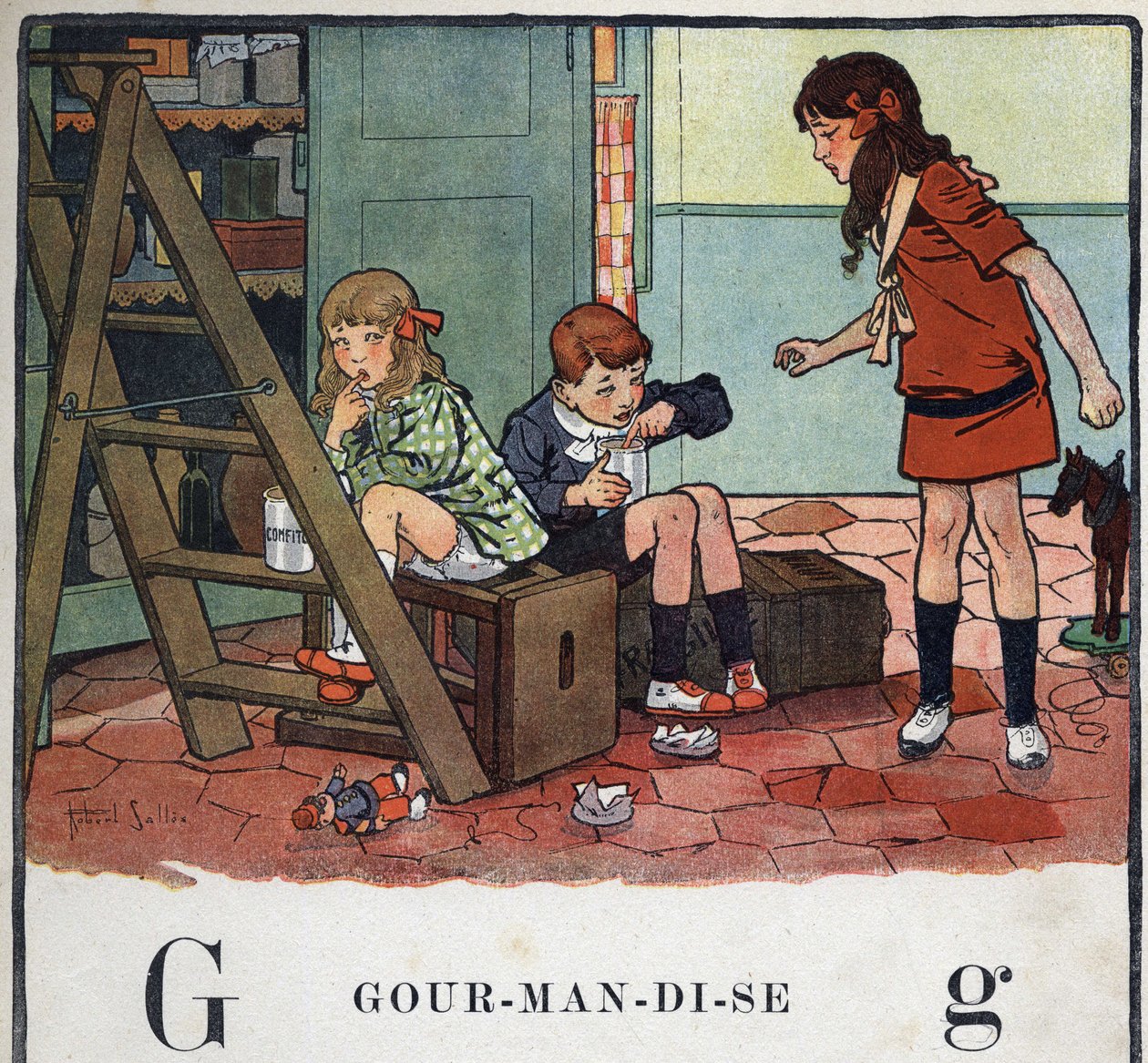 子どもの本「I will read - パパによる方法的で楽しいアルファベット」1926年。挿絵はロベール・サレス（1871-1929）。アベセダリー：Gの文字はGourmandise。砂糖漬けの果物をこっそり食べる女の子と男の子。 作： ロバート・サレス