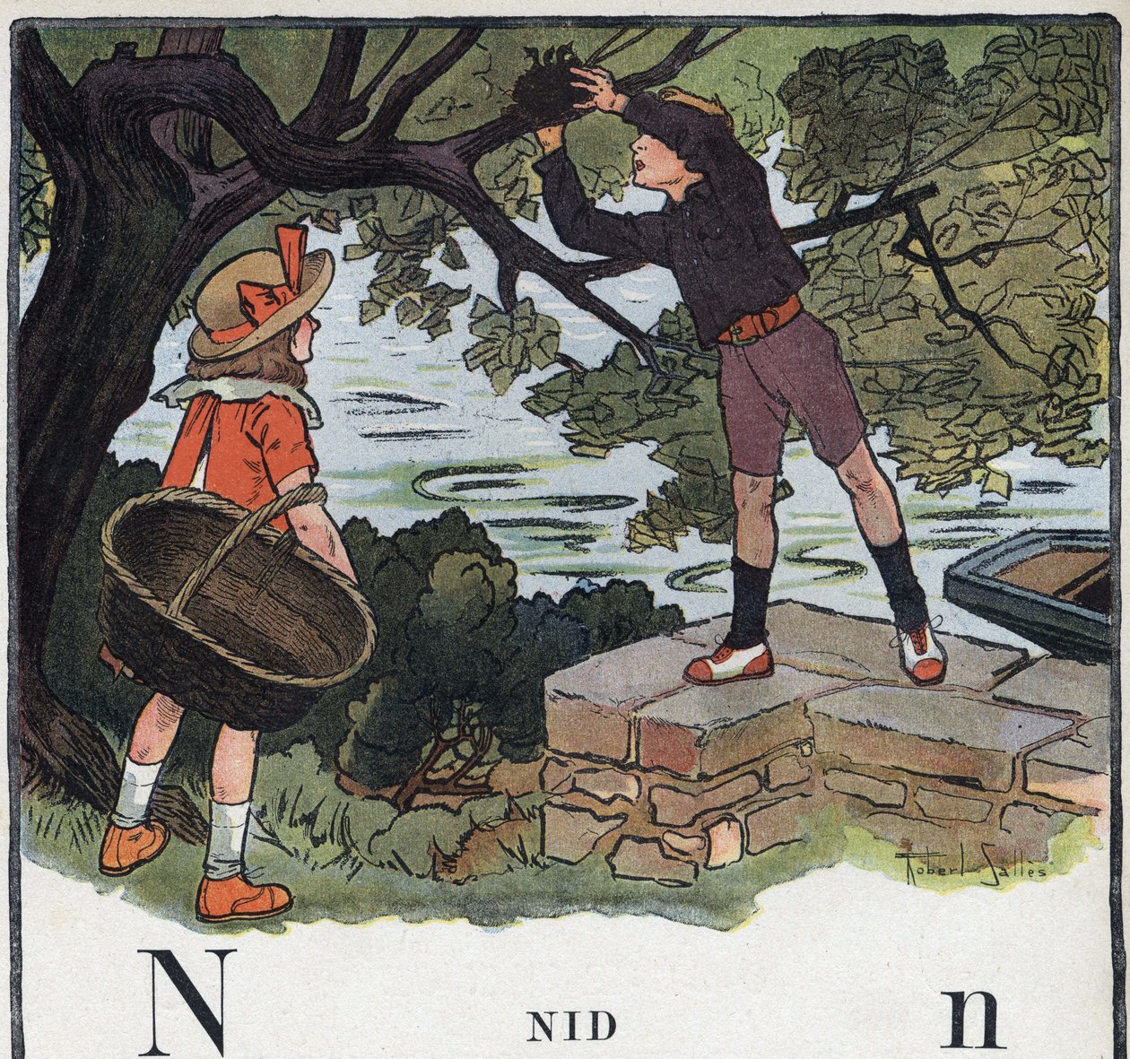 子どもの本「I will read - パパによる方法的で楽しいアルファベット」1926年。挿絵はRobert Salles（1871-1929）。アベセダリー：NestとしてのNの文字。木の上に作られた巣を少年が取る。 作： ロバート・サレス