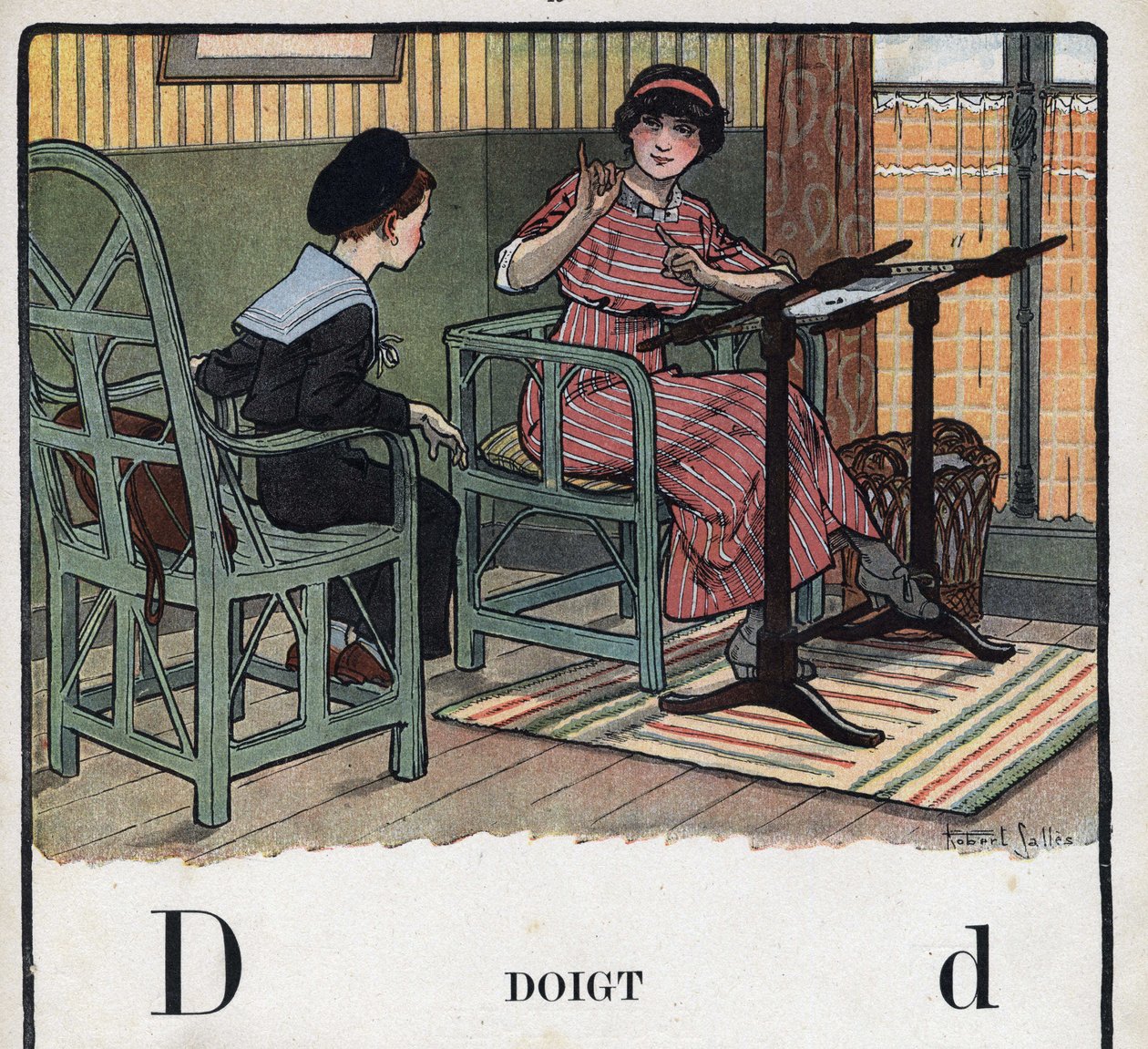 子どもの本「I will read - パパによる方法的で楽しいアルファベット」1926年。ロベール・サレス（1871-1929）のイラスト。アベセダリー：フィンガーとしてのDの文字。母親が息子に刺繍の説明をしている。 作： ロバート・サレス