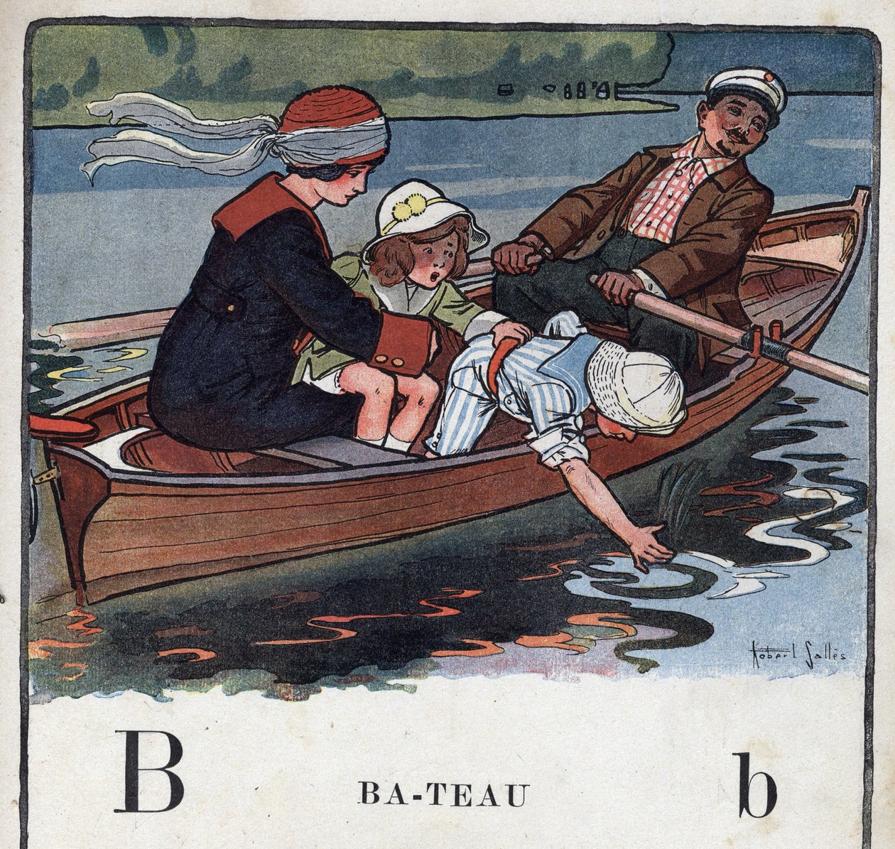 子どもの本「I will read - パパによる方法的で楽しいアルファベット」1926年。ロベール・サレス（1871-1929）のイラスト。アベセデール：Bの文字はボート。ボートに乗った家族が散歩をしています。 作： ロバート・サレス