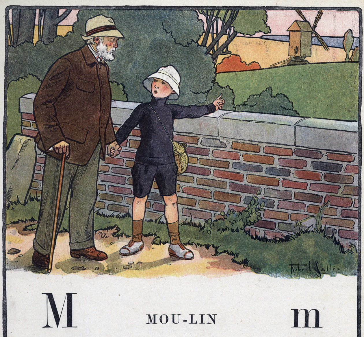 子どもの本「I will read - パパによる方法的で楽しいアルファベット」1926年。ロベール・サレス（1871-1929）のイラスト。アベセデール：Mの文字がMoulinになっている。男の子がおじいさんと一緒に歩いている。彼は風車を指差している。 作： ロバート・サレス