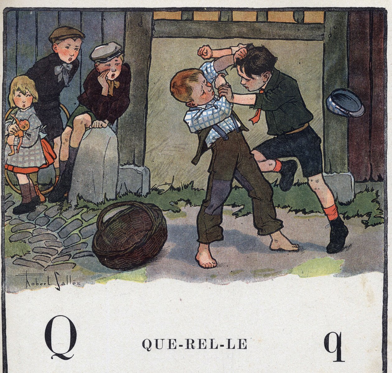 子どもの本「I will read - パパによる方法的で楽しいアルファベット」1926年。挿絵はRobert Salles（1871-1929）。Abecedaire: QuerelleのようなQの文字。二人の少年が庭で喧嘩をしている。 作： ロバート・サレス