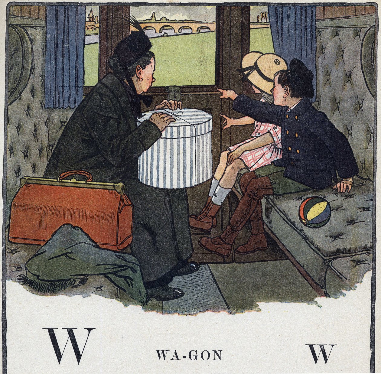 子どもの本「I will read - パパによる方法的で楽しいアルファベット」1926年。ロベール・サレス（1871-1929）のイラスト。Abecedaire：Wの文字はWagon。母親と一緒に二人の子供が列車のコンパートメントで旅をしている。 作： ロバート・サレス