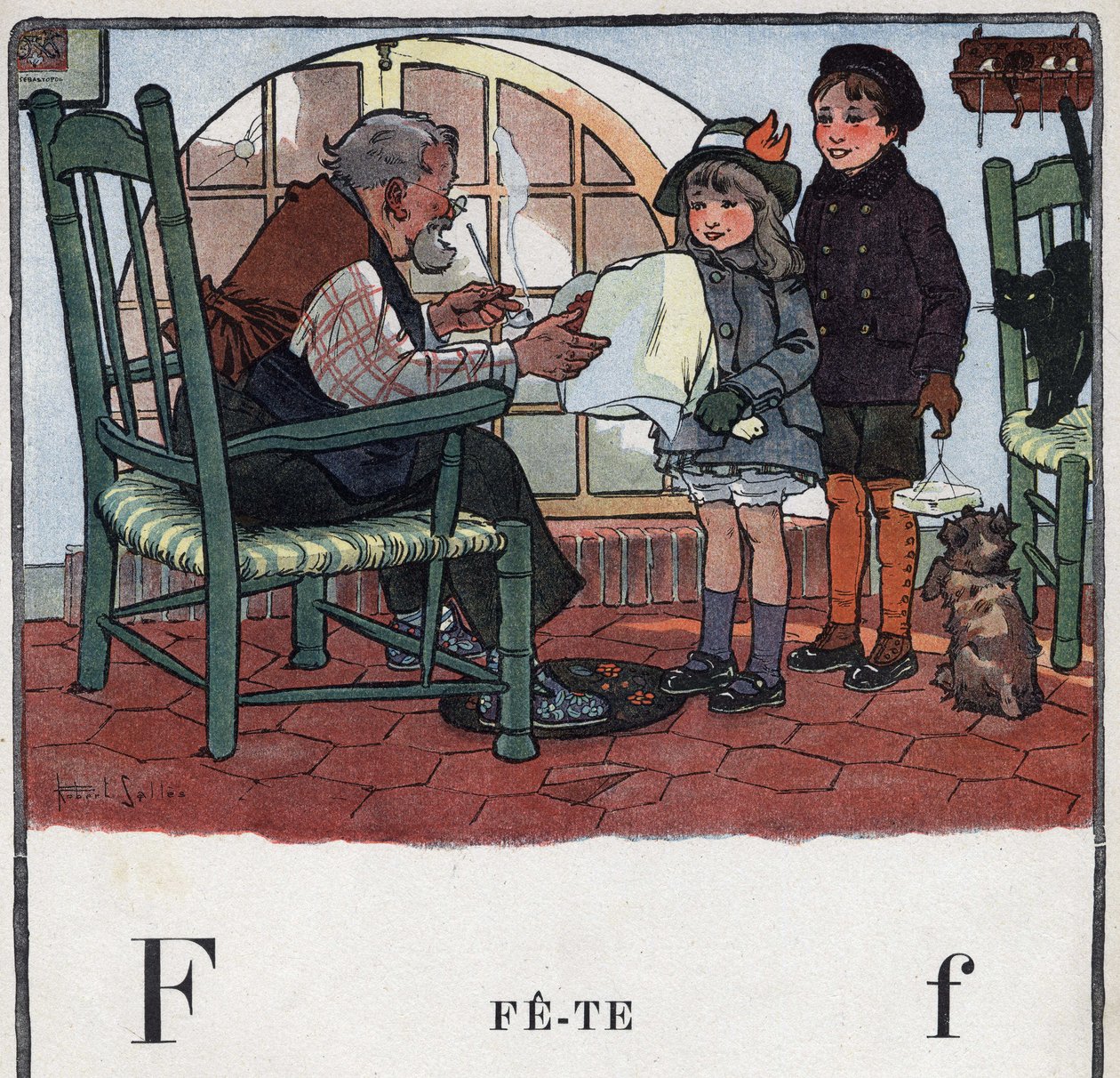 子どもの本「I will read - パパによる方法的で楽しいアルファベット」1926年。ロベール・サレス（1871-1929）のイラスト。アベセデール：Fの字はFete（祭り）。女の子と男の子が、おじいさんのパーティーにプレゼントを差し出す。 作： ロバート・サレス