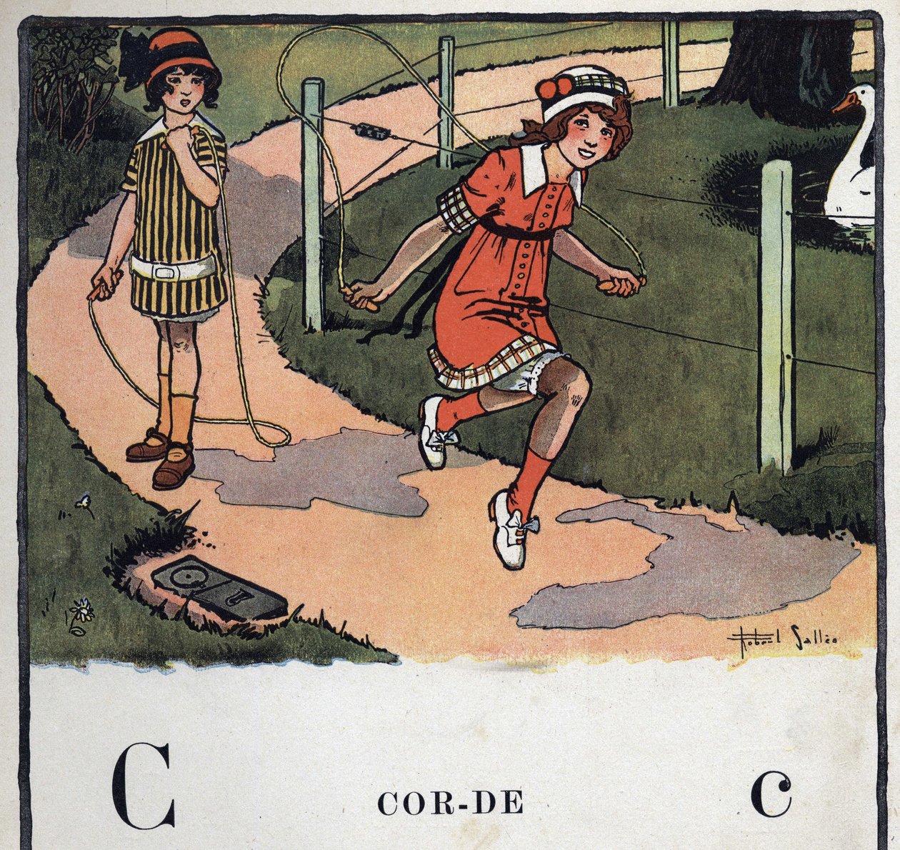 子どもの本「I will read - パパによる方法的で楽しいアルファベット」1926年。ロベール・サレス（1871-1929）によるイラスト。アベセダリー：Cの文字が縄になっています。二人の女の子が縄跳びをして遊んでいます。 作： ロバート・サレス