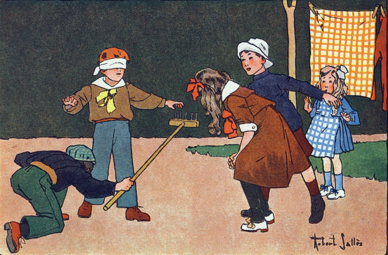 コリン・メイラード（colin-maillard）。エングレービングは、"What are we playing?「E.ウェーバー作、ロベール・サレス（1871-1929）の水彩画による挿絵。パリ、ガルニエ・フレール社（Librairie Garnier Freres）所蔵 作： ロバート・サレス