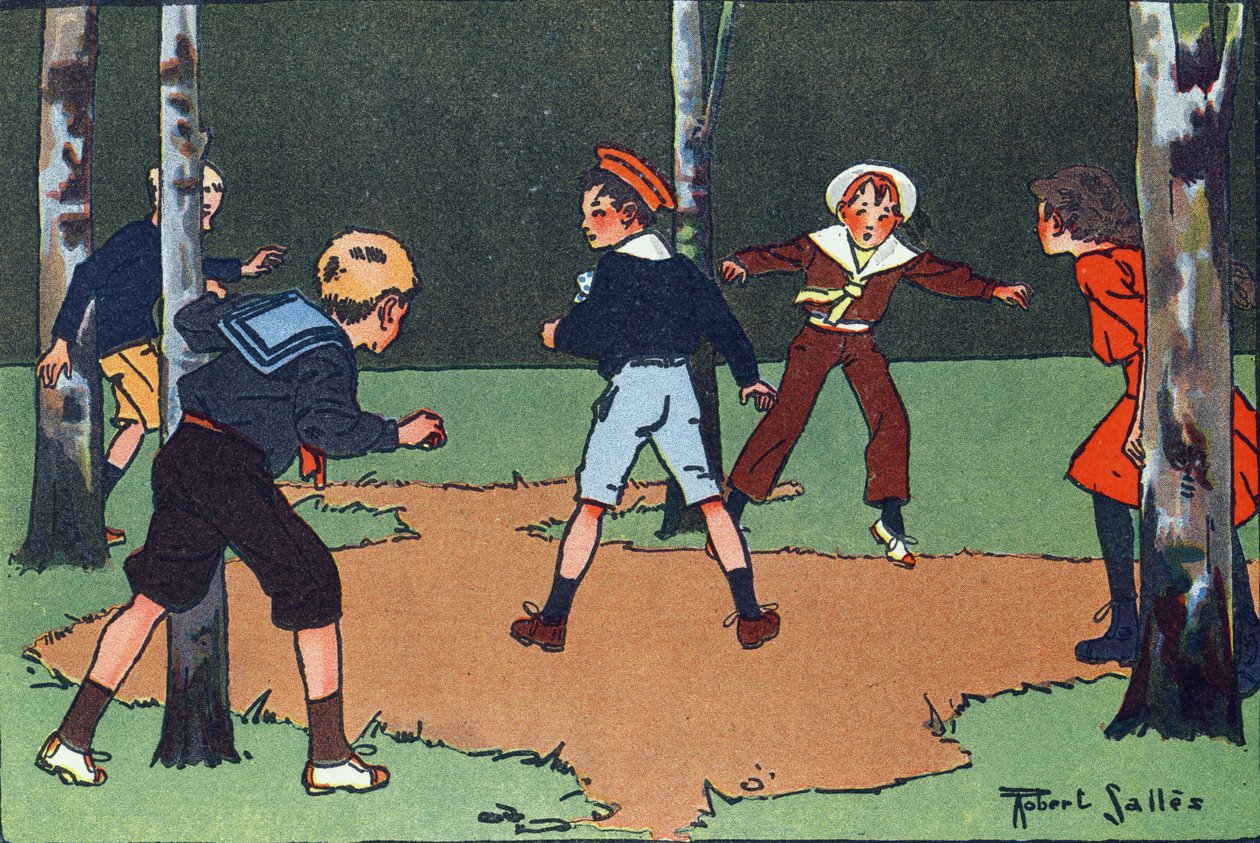 四隅。エングレーヴィングは "What are we playing?「ロベール・サレス（1871-1929）の水彩画によるE.ウェーバーの作品。パリ、ガルニエ・フレール出版社 作： ロバート・サレス