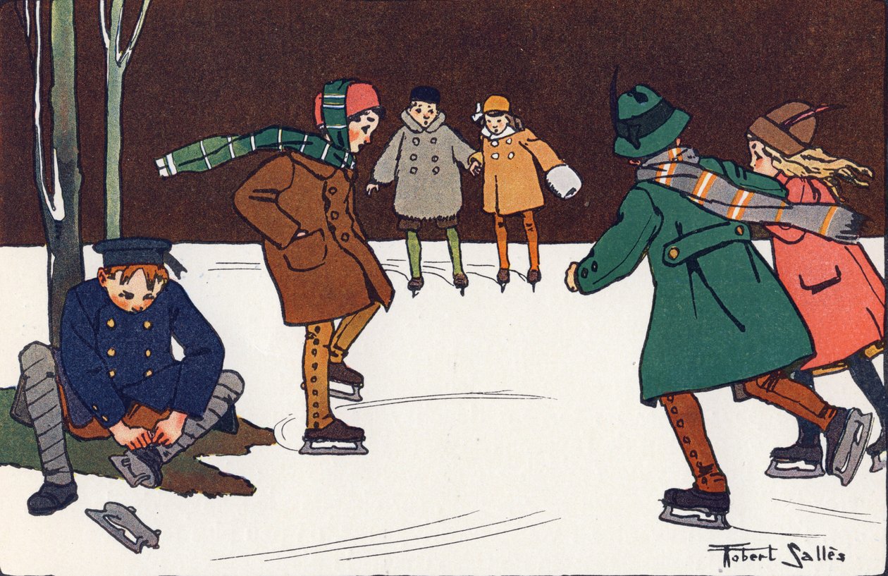 アイススケート。E.ウェーバーによる「What are we playing?「ロベール・サレス（1871-1929）の水彩画によるE.ウェーバー作。パリ、ガルニエ・フレール社 作： ロバート・サレス