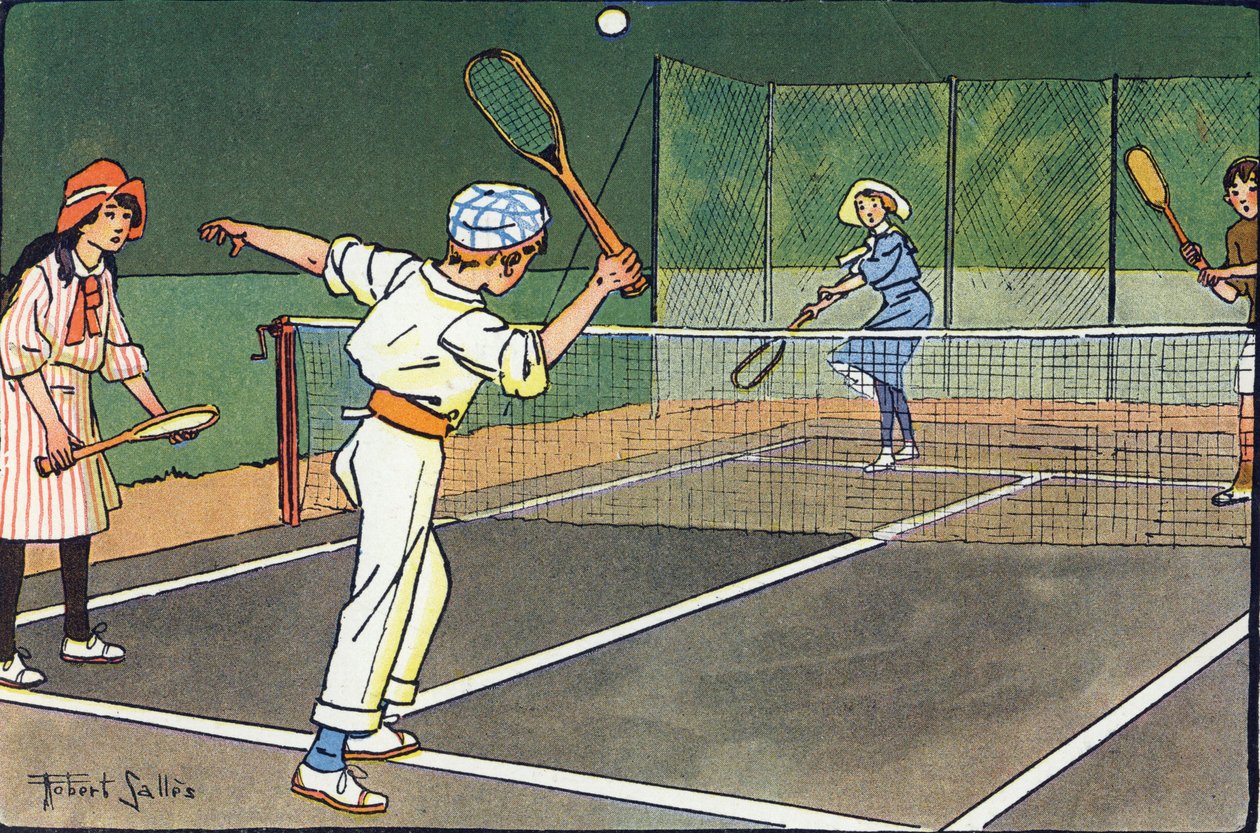 ローンテニス。E.ウェーバーによる「What are we playing?「ロベール・サレス（1871-1929）の水彩画によるE.ウェーバーの作品。パリ、ガルニエ・フレール社 作： ロバート・サレス