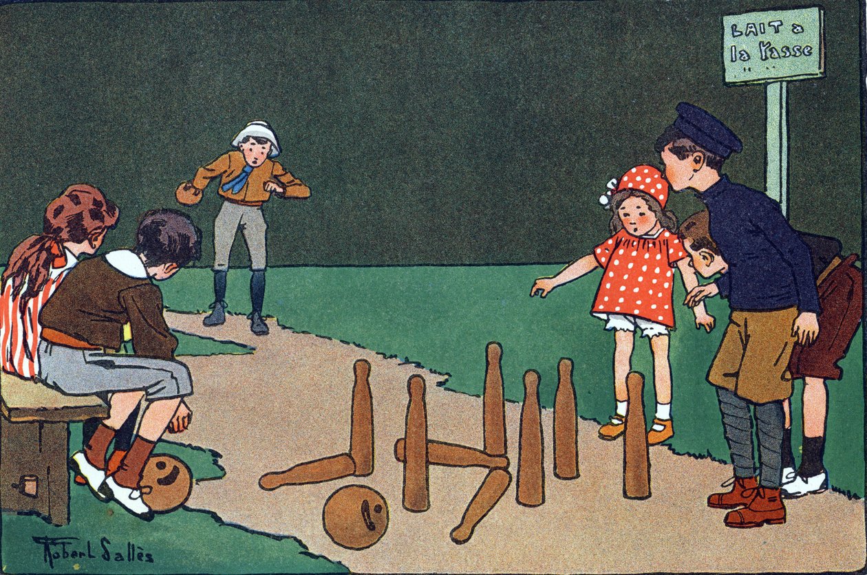ボウリング場の様子。E.ウェーバーの「何をしているの？「ロベール・サレス（1871-1929）の水彩画によるE.ウェーバーの作品。パリ、ガルニエ・フレール社 作： ロバート・サレス