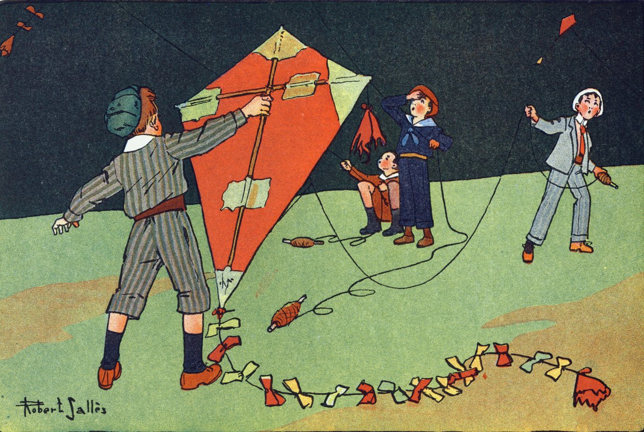 飛んでいる凧のこと。E.ウェーバーの「What are we playing?「ロベール・サレス（1871-1929）の水彩画によるE.ウェーバーの作品。パリ、ガルニエ・フレール社 作： ロバート・サレス