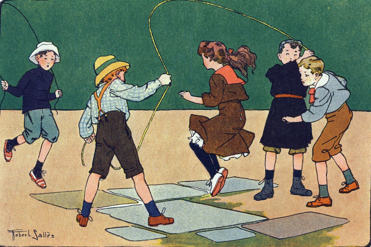 ジャンプはロープを持っています。E.ウェーバーの「What are we playing?「ロベール・サレス（1871-1929）の水彩画によるE.ウェーバーの作品。パリ、ガルニエ・フレール社 作： ロバート・サレス