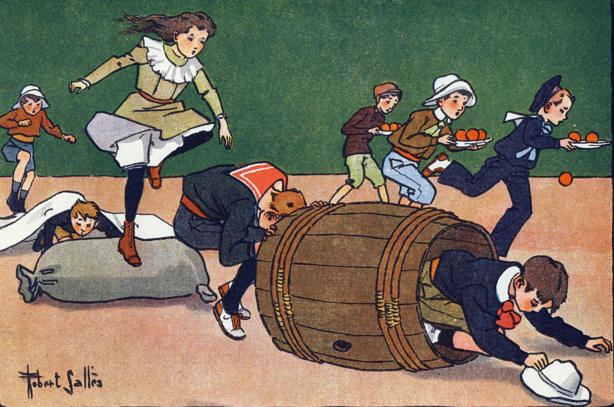 障害物競走の様子。E.ウェーバーの「What are we playing?「ロベール・サレス（1871-1929）の水彩画によるE.ウェーバーの作品。パリ、ガルニエ・フレール社 作： ロバート・サレス