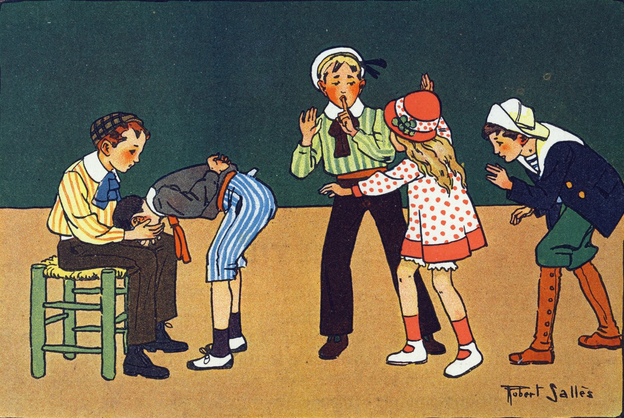 温かい手。E.ウェーバーによる「What are we playing?「ロベール・サレス（1871-1929）の水彩画によるE.ウェーバーの作品。パリ、ガルニエ・フレール社 作： ロバート・サレス