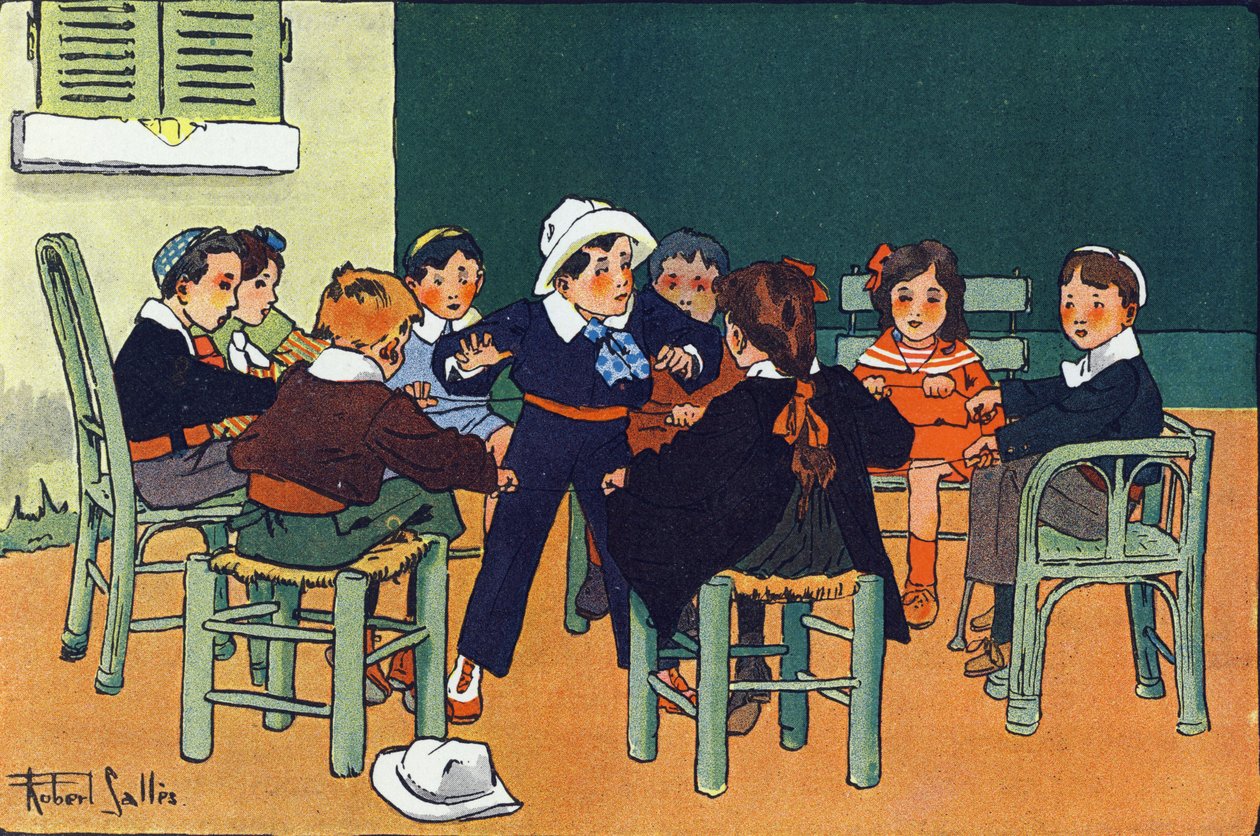フェレットにE.ウェーバーの「What are we playing?「ロベール・サレス（1871-1929）の水彩画によるE.ウェーバーの作品。パリ、ガルニエ・フレール社 作： ロバート・サレス