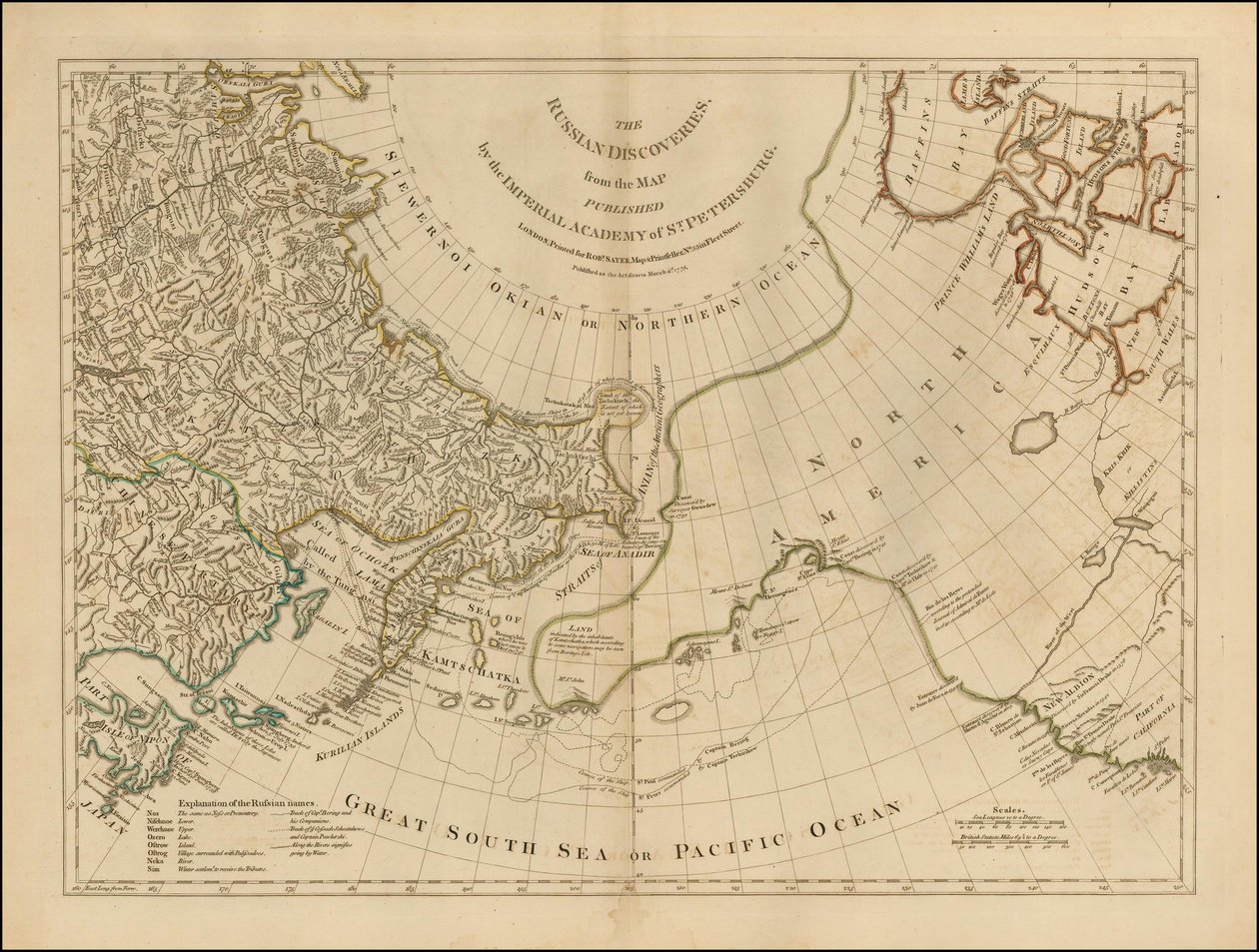 1775年の地図 - ロシアの発見、サンクトペテルブルグ帝国アカデミー発行の地図より 作： ロバート・セイヤー