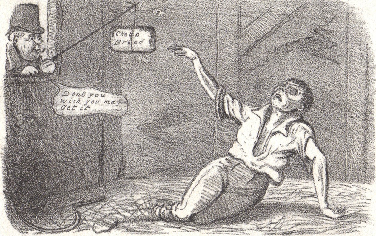 外国の競争からイギリスの農家を守るため、1815年にトウモロコシ法が導入された。 作： ロバート・シーモア