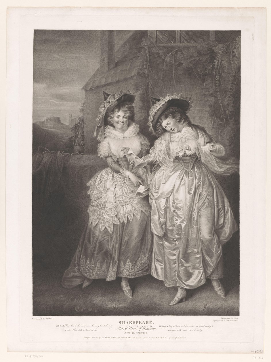 ジョン・ファルスタッフのラブレターを持ったフォード夫人とペイジ夫人 シェイクスピア、ウィンザーの陽気な妻たち (オブジェクトのタイトル) ボイデルズ シェイクスピア ギャラリーの絵画を模した版画 (シリーズ タイトル) シェイクスピア ギャラリー (オブジェクトのシリーズ タイトル) 作： ロバート・シュー
