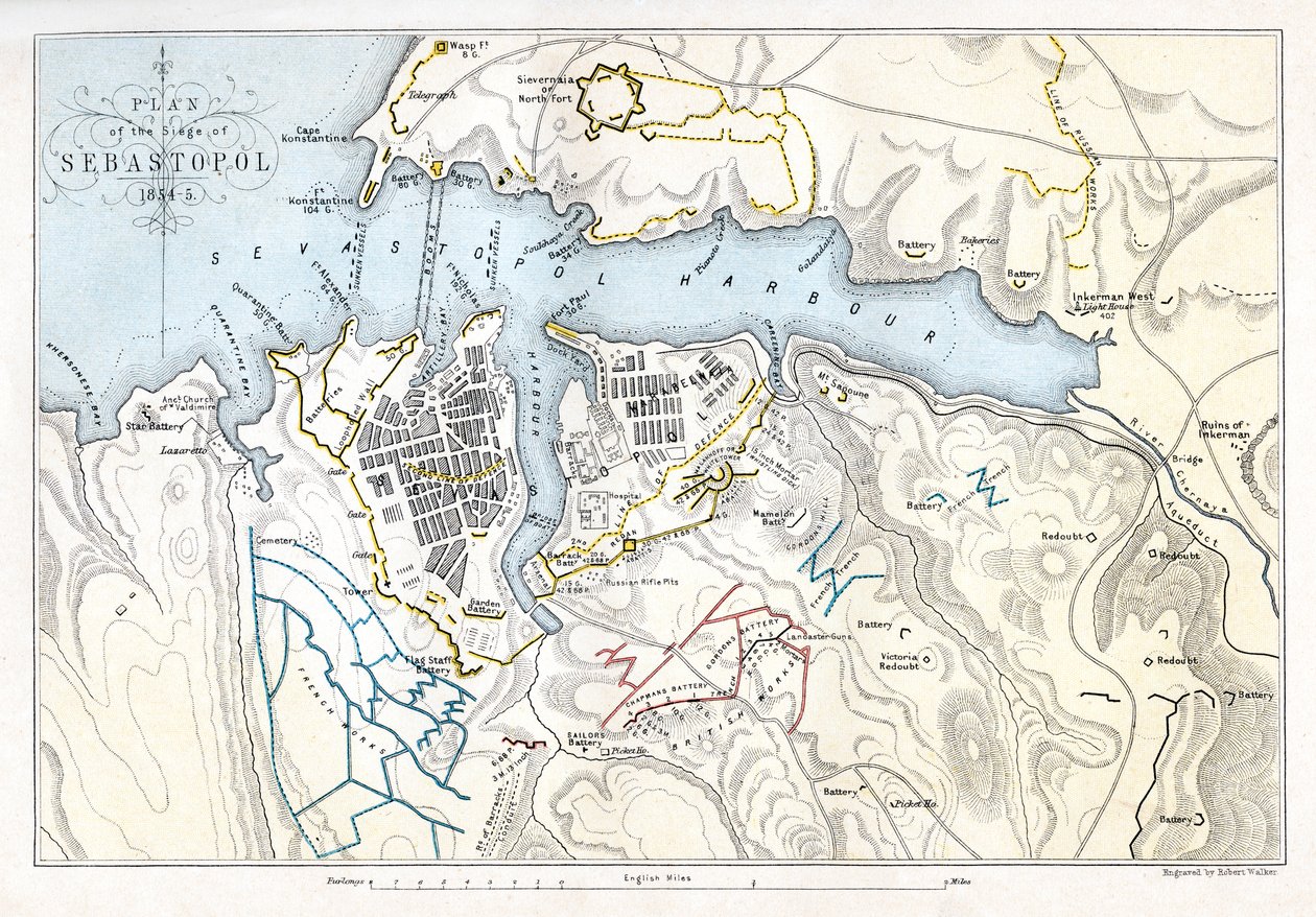 セバストポリの包囲、クリミア戦争、1854-1855、1893年を示す地図。 作： ロバート・ウォーカー