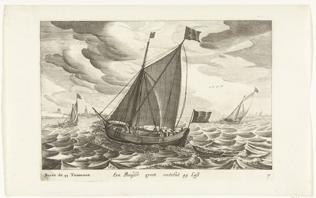 ボイエ Een Boeijer groot about 44 Last / Boïer de 44 Tonneaux (オブジェクトのタイトル) Hollandse scheepstypen、1627年（シリーズタイトル） 様々な船 Don ton se sert dans les Unies Provinces / 主に海域で使用される様々なオランダ船のアイコン 作： Robert de Baudous（おそらく）