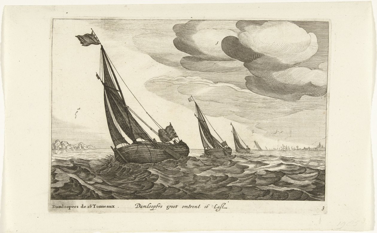 ダムルーパー Damloopers groot about 16 Last / Damloopers de 16 Tonneaux (オブジェクトのタイトル) Hollandse scheepstypen、1627年（シリーズタイトル） さまざまな船 Don ton se sert dans les United Provinces / さまざまなオランダ船のアイコン 作： Robert de Baudous（おそらく）