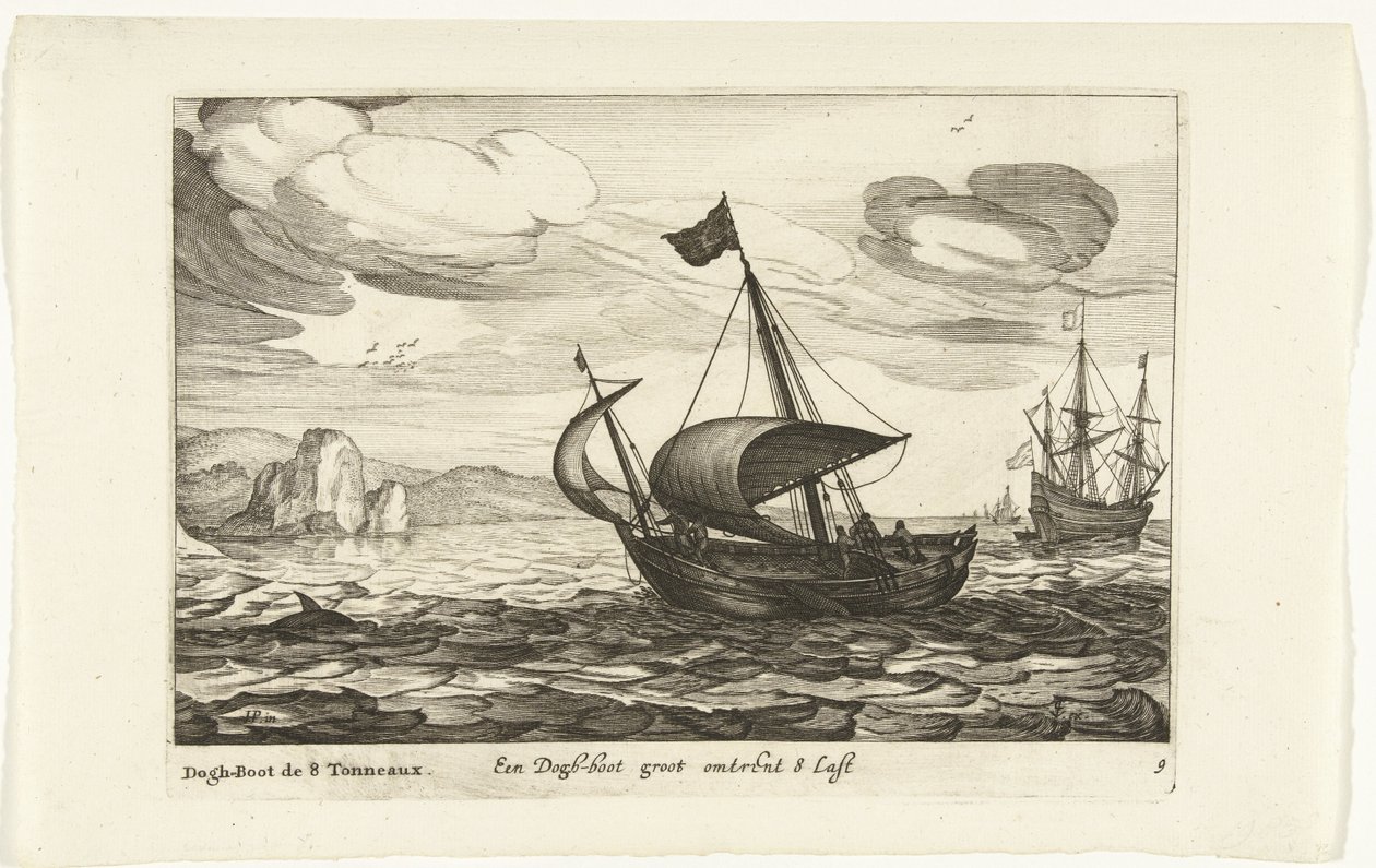 ドッグブーツのドッガー Een Dogh-boot groot about 8 Last / Dogh-Boot de 8 Tonneaux (オブジェクトのタイトル) Hollandse scheepstypen、1627年（シリーズタイトル） 様々な船 Don ton se sert dans les Unies Provinces / Icons of Various Dutch Ships which use maxi 作： Robert de Baudous（おそらく）