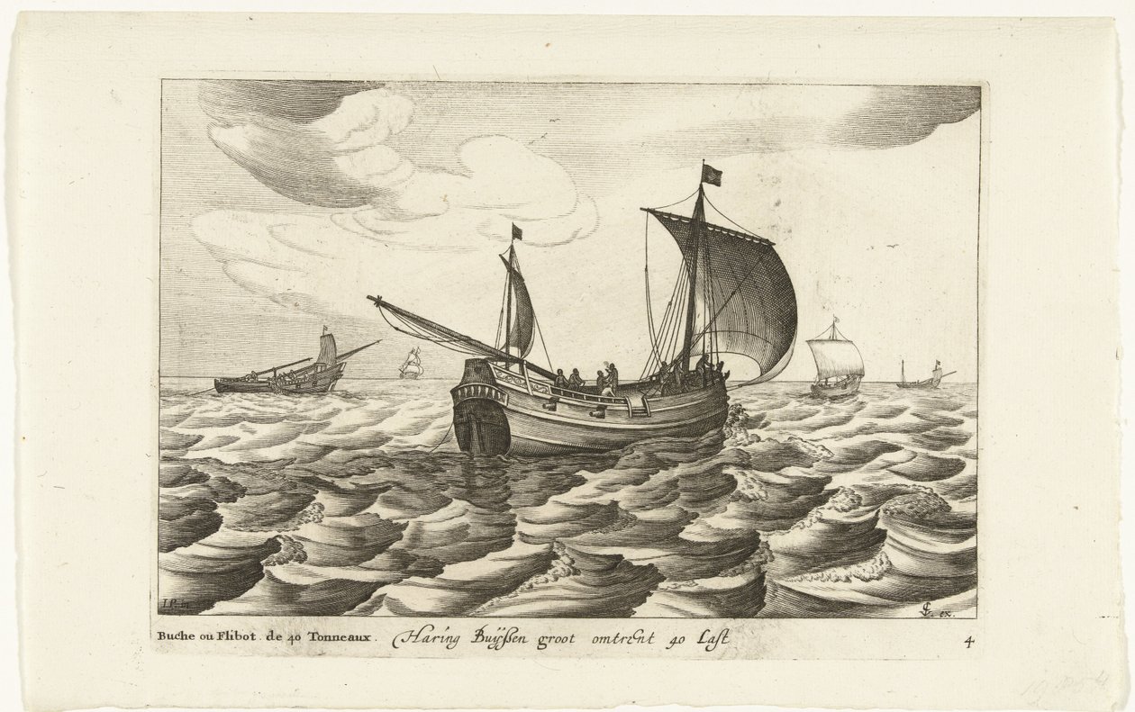 ヘリングブイゼン Haring Buyssen groot about 40 Last / Buche ou Flibot de 40 Tonneaux (オブジェクトのタイトル) Hollandse scheepstypen、1627年（シリーズタイトル） 様々な船 Don ton se sert dans les Unies Provinces / Icons of Various Dutch Ships which use 作： Robert de Baudous（おそらく）