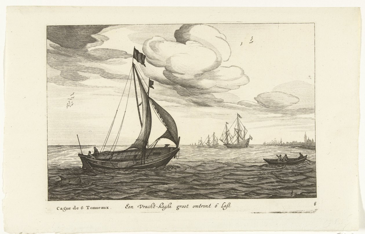 フラハトカーゲン Een Vracht-kaghe groot about 6 Last / Cague de 6 Tonneaux (オブジェクトのタイトル) Hollandse scheepstypen、1627年（シリーズタイトル） さまざまな船 Don ton se sert dans les United Provinces / さまざまなオランダ船のアイコン 作： Robert de Baudous（おそらく）
