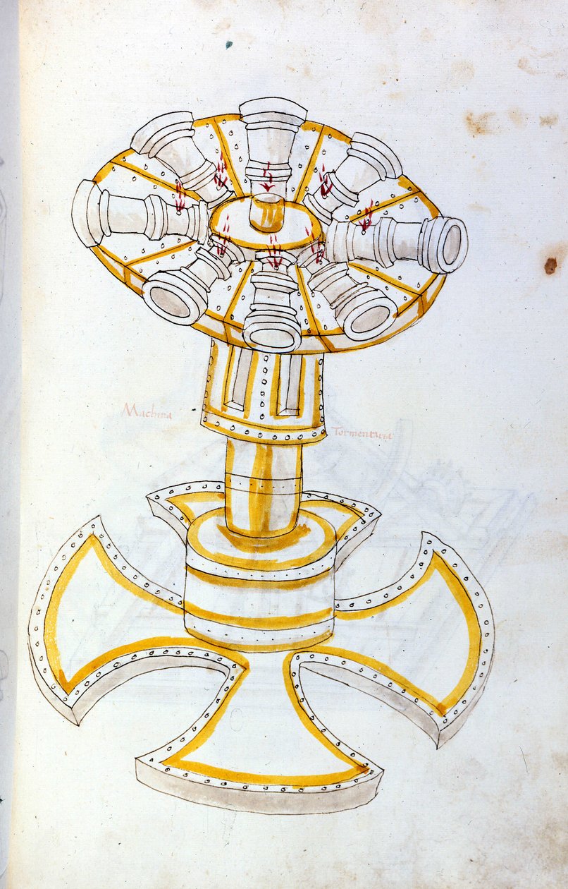 技術者ロベルト・ヴァルトゥリオ（1405-1483？）の「De re Militari」に掲載されている回転式大砲のイラスト。 作： ロベルト・ヴァルトゥリオ