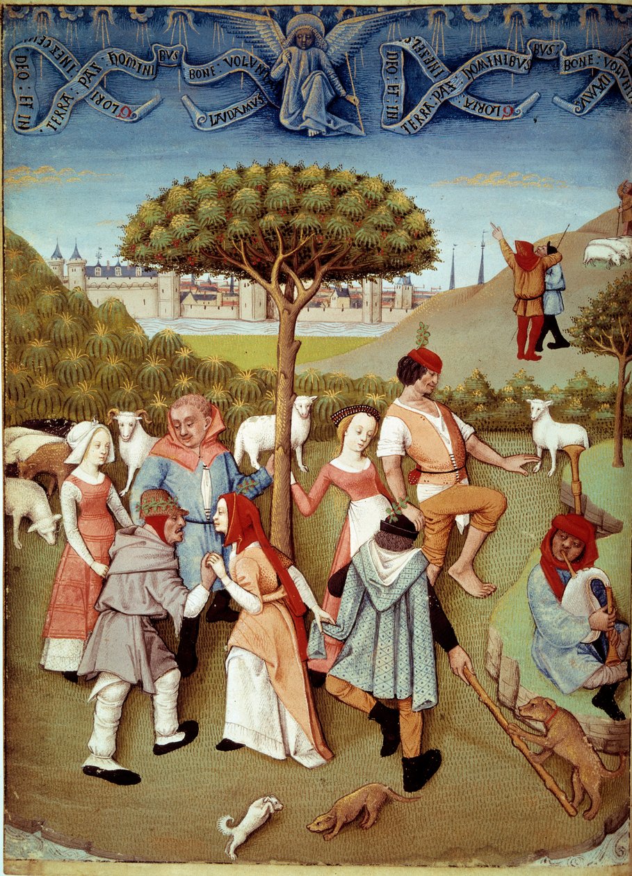 シャンペトルの踊り 羊飼いたちへの告知。テスタード・タップ（1475〜1523年に活躍）の「シャルル・ダングレーム（1460〜1496年）の時祷書」から引用されたミニチュア 作： ロビネット・テスタード