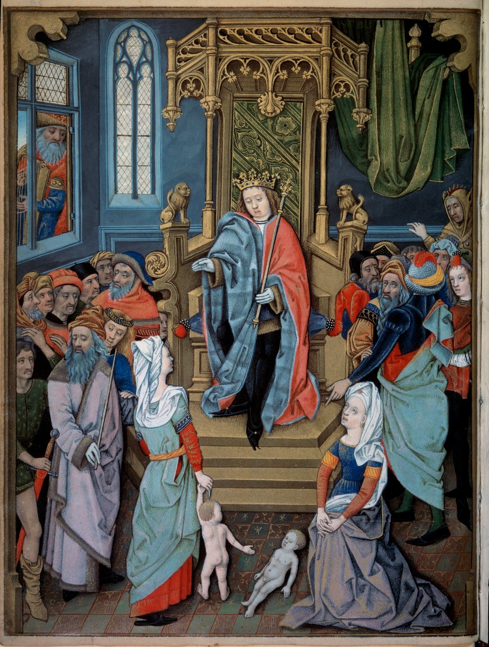 ソロモンの審判 二人の女性が同じ子供の母親のふりをしています。シャルル・ダングレーム（1460-1496）の時祷書」（テスタール・タップ（1475-1523年に活躍））から引用されたミニチュア。 作： ロビネット・テスタード