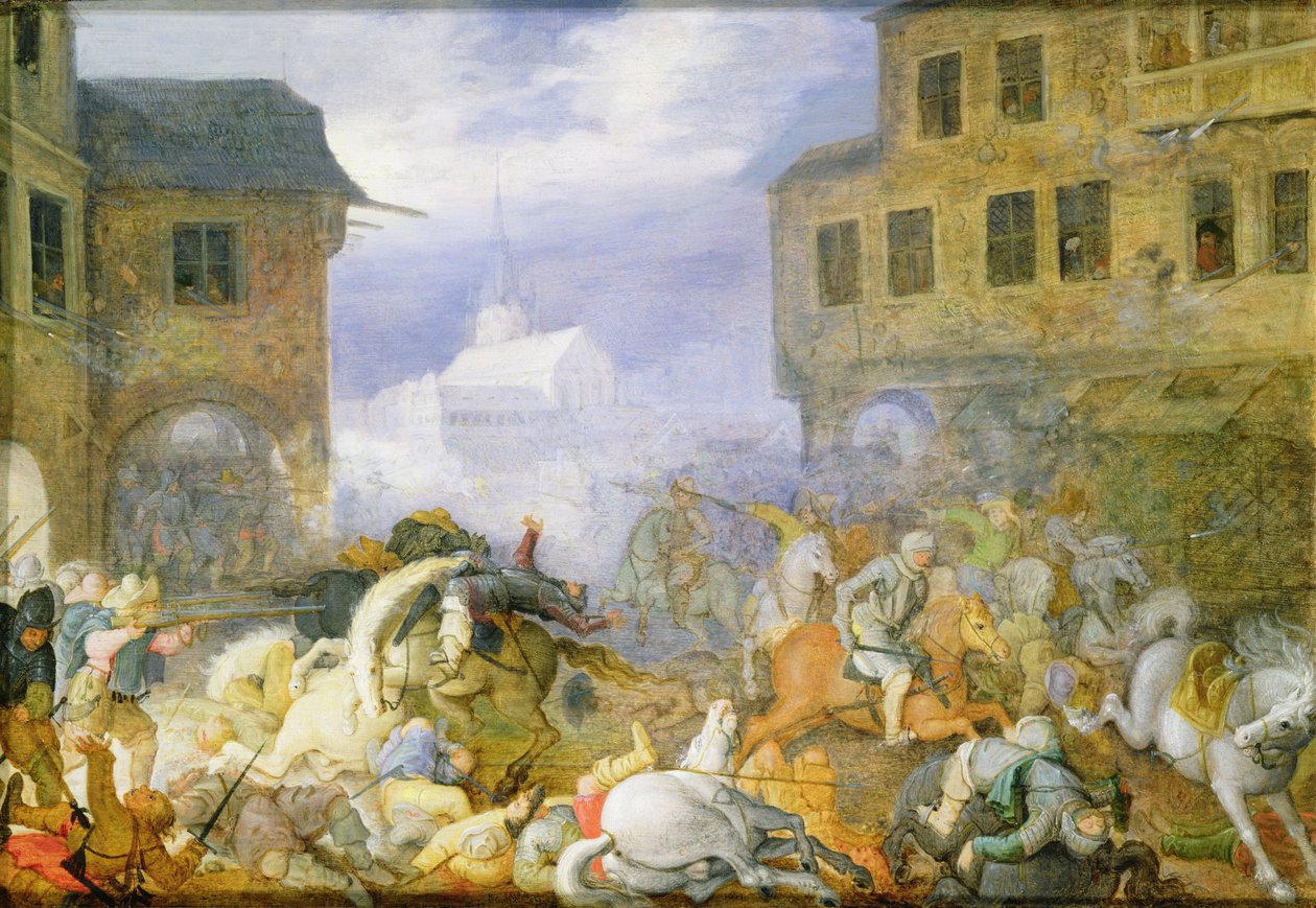 1611年2月15日、プラハでのMalostranske Namesti（Kleinseite Platz）でのストリートバトル（1611年） 作： ローランド・ヤコブス。 Savery