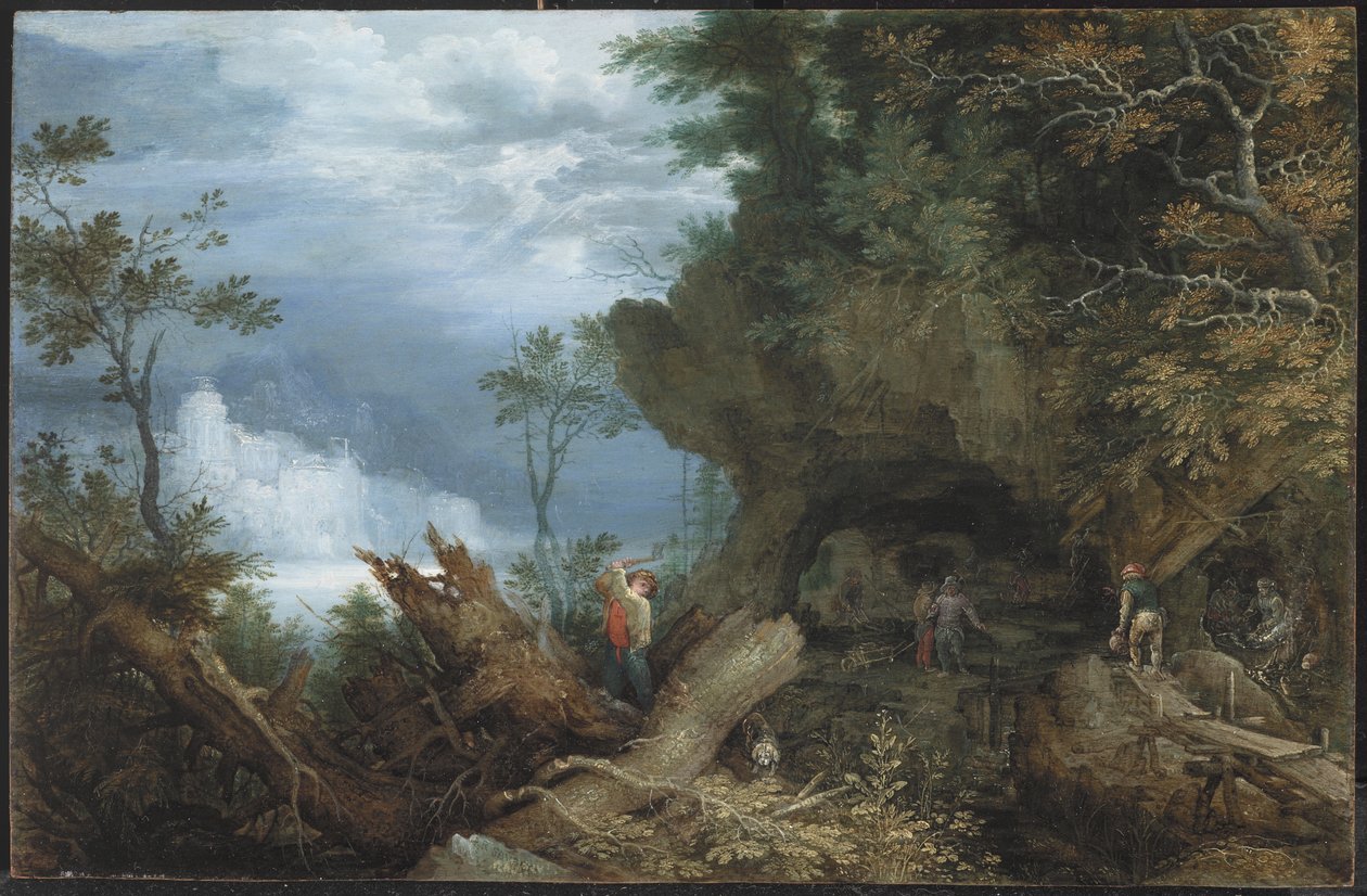 鉱山への入り口のある山地の風景」1612-13年頃（ブナ板に油彩 作： ローランド・ヤコブス。 Savery