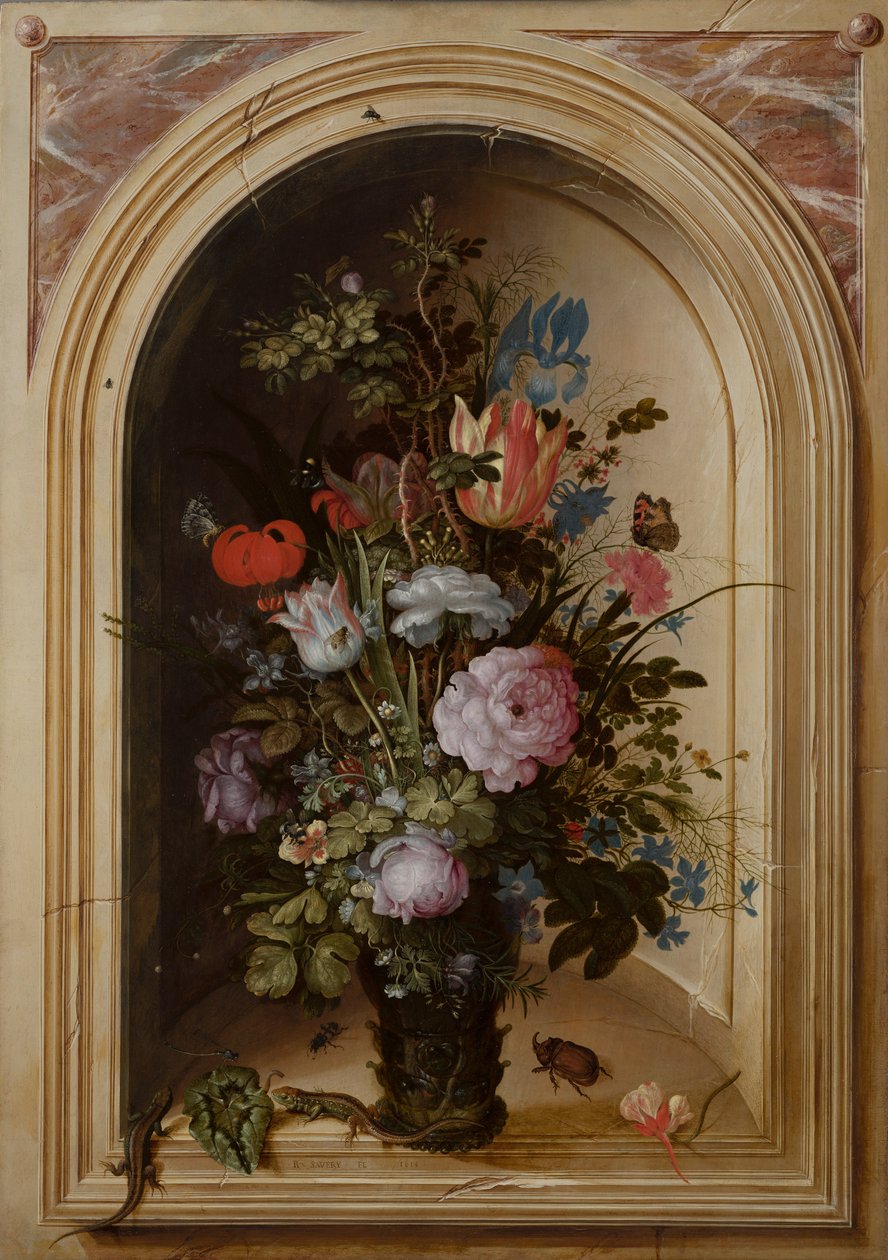 石のニッチの花の花瓶、1615 作： ローランド・ヤコブス。 Savery