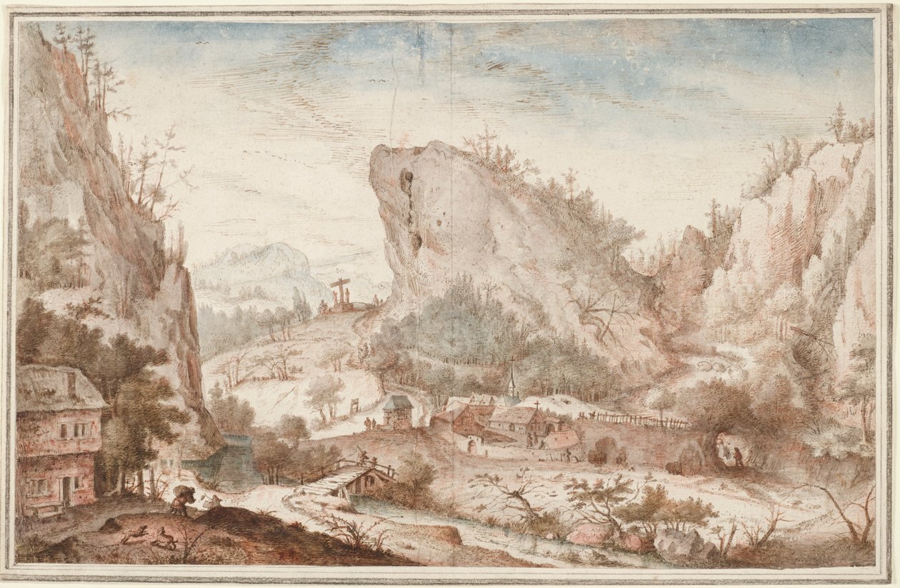 村の近くの旅行者と高山の風景 作： Roelant Savery